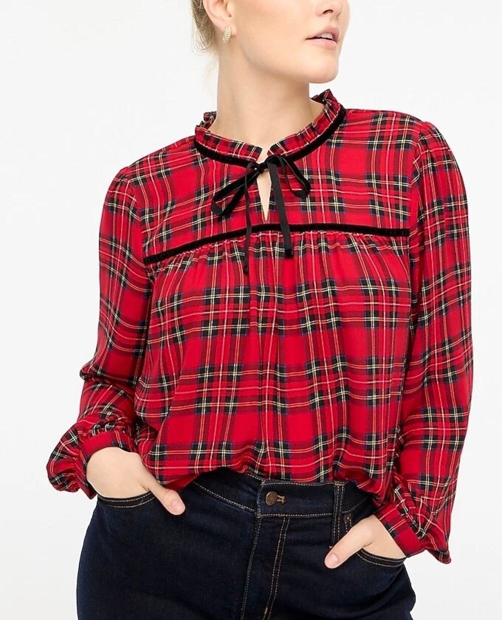 J. Crew Velvet Tie-Neck Blouse Top in Festive Tartan Plaid Red 3X Plus Holdiay